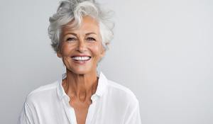 smiling older woman in white 