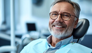 Smiling man with glasses in a dentist chair